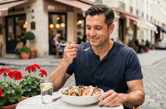 Homme savourant un repas équilibré et gourmand en terrasse de café pour mincir sans frustration