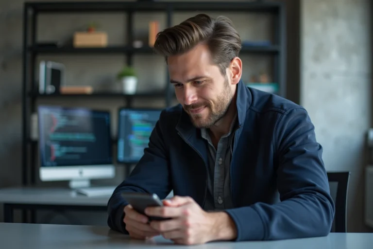 Homme explorant un smartphone pliable innovant dans un bureau tech moderne