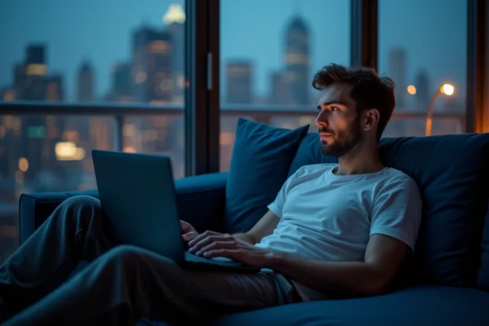 Homme regardant du contenu en streaming sur son ordinateur portable dans un appartement urbain en soirée