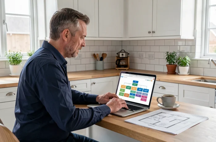 Homme analysant la structure de navigation d'un site web conseil habitat sur un ordinateur portable en cuisine moderne
