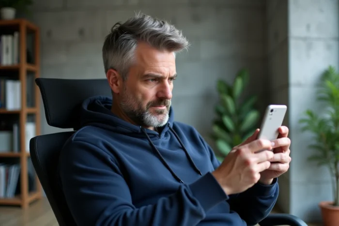 Hombre verificando la dirección correcta de 1jour1film en su smartphone en un apartamento moderno