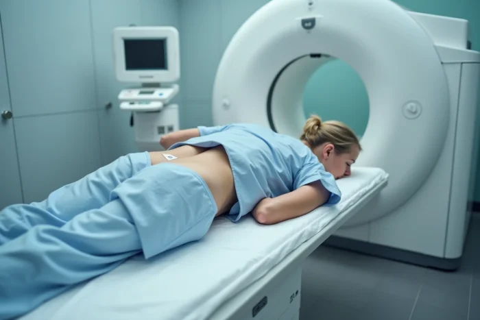 Femme allongée sur une table médicale après une infiltration lombaire, montrant la zone traitée dans le bas du dos en milieu radiologique