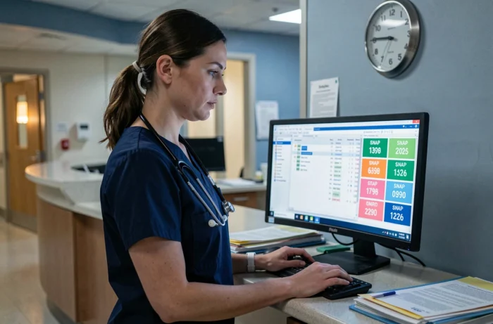 Infirmière analysant les données du score SNAP sur un écran médical de nuit