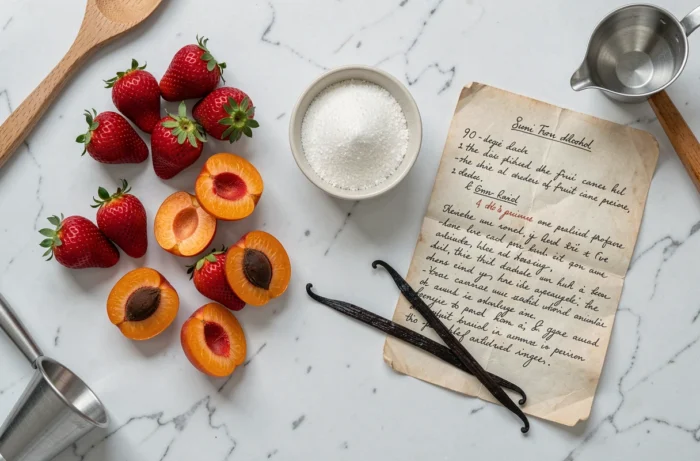Vue de dessus des ingrédients pour conserves de fruits maison avec alcool à 90°, bocaux, sucre, vanille et fruits frais sur marbre