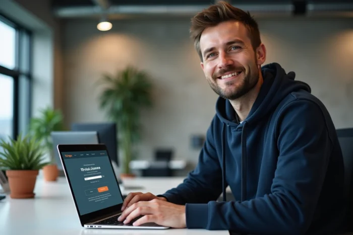 Homme utilisant un ordinateur portable pour s'inscrire automatiquement sur Candibot afin d'obtenir une date d'examen