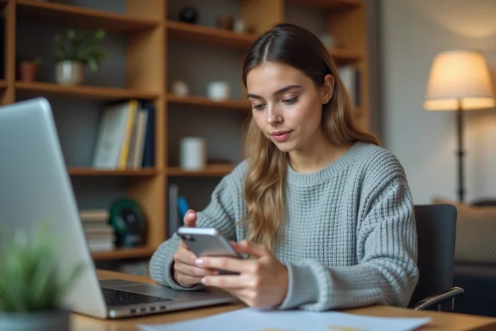 Jeune femme consultant l'application Candilib sur son smartphone pour réserver un examen du permis de conduire