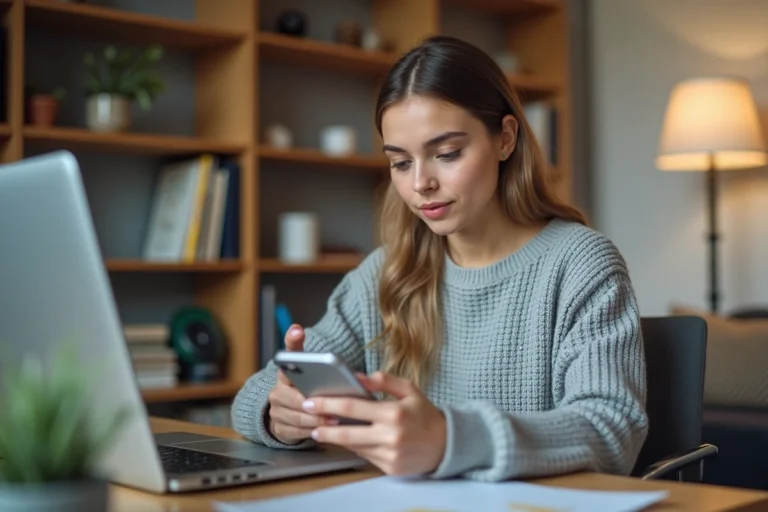 Jeune femme consultant l'application Candilib sur son smartphone pour réserver un examen du permis de conduire