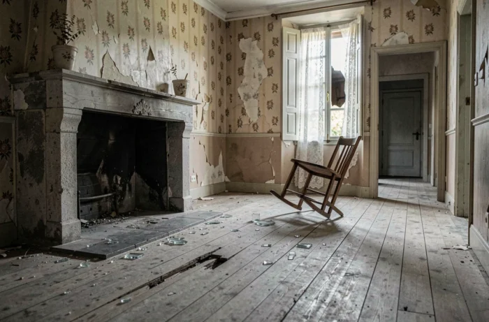 Intérieur délabré d'une maison abandonnée en France avec papier peint décollé et parquet abîmé