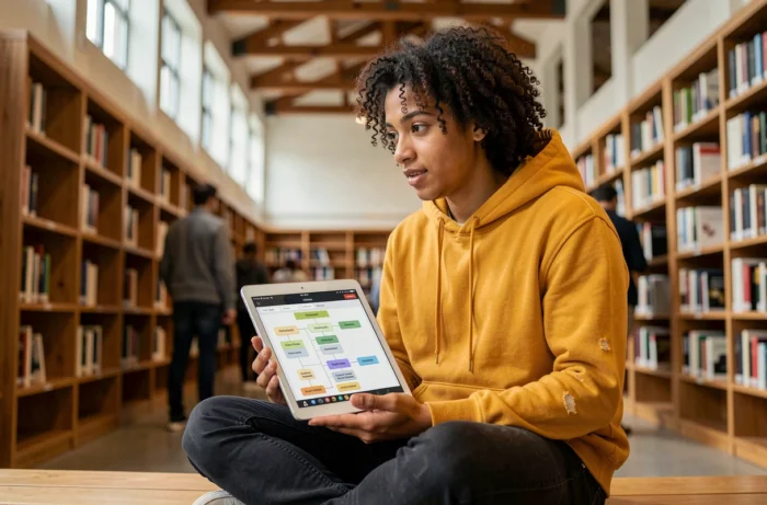Jeune adulte utilisant une tablette pour explorer le plan du site Plein Emploi dans une bibliothèque publique moderne
