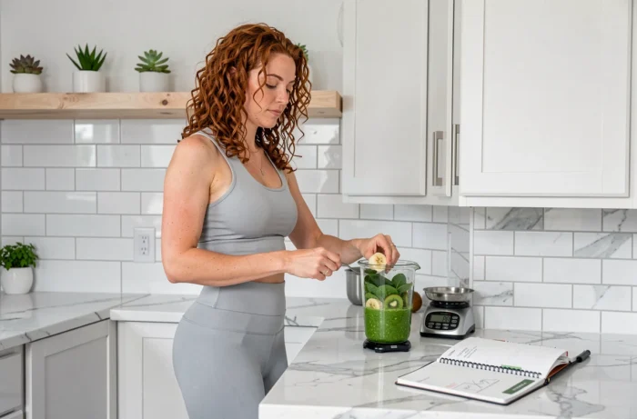 Jeune femme préparant un smoothie vert sain dans une cuisine moderne avec balance alimentaire et carnet de recettes minceur