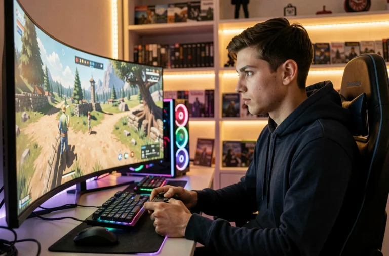 Jeune homme passionné de jeux vidéo concentré devant un écran ultrawide dans son setup gaming en 2024