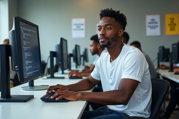 Jeune homme africain apprenant la programmation informatique dans un centre de formation numérique urbain en Afrique