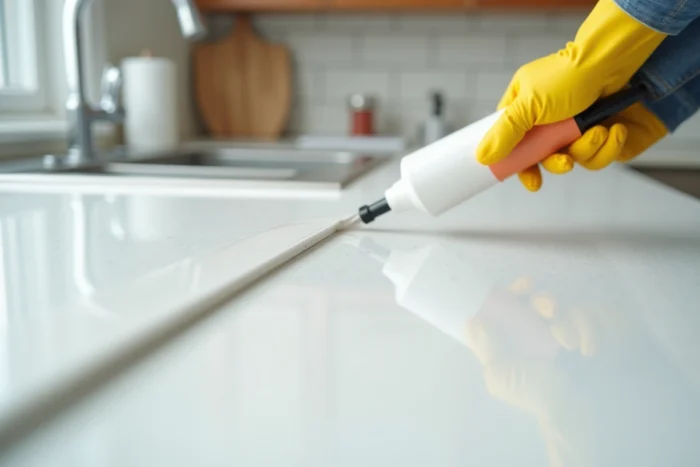 Application d'un joint silicone souple dans un petit espace de quelques millimètres entre un plan de travail et un mur de cuisine