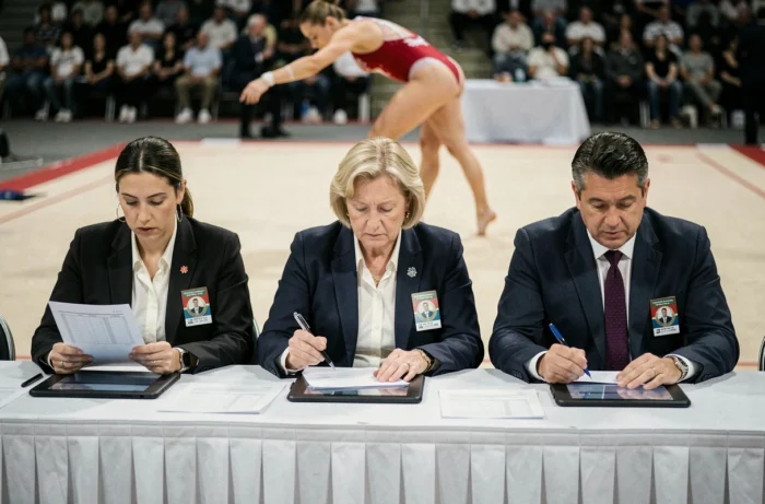 Jury officiel de juges en train de noter un passage lors d'une compétition individuelle de gymnastique artistique