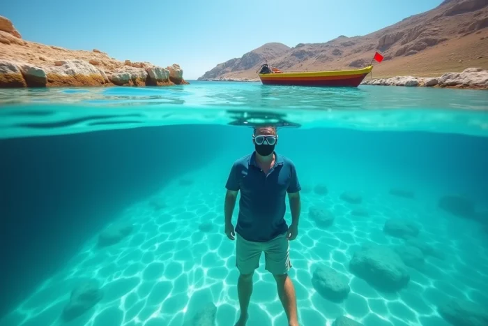 Homme faisant de la plongée en apnée dans les eaux cristallines du Lagon Bleu de Comino à Malte