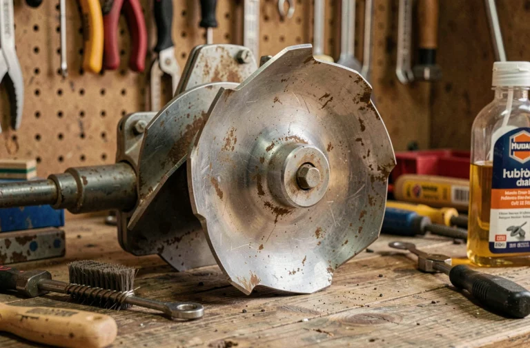 Lame hélicoïdale de tondeuse à gazon posée sur un établi en bois dans un atelier de jardinage, montrant les détails métalliques et la structure spiralée