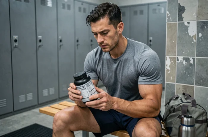 Sportif lisant l'étiquette nutritionnelle d'un supplément protéiné dans un vestiaire de salle de sport
