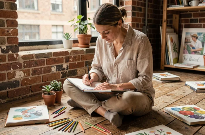 Femme dessinant dans un carnet de croquis entourée de crayons de couleur sur un plancher en bois, illustration de loisirs créatifs à domicile