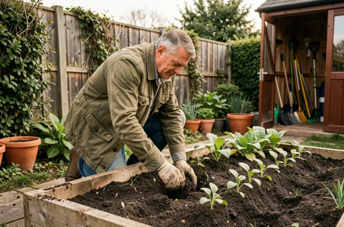 Homme âgé d'une quarantaine d'années jardinage dans un potager surélevé en bois dans un jardin suburban, activité de plein air enrichissante