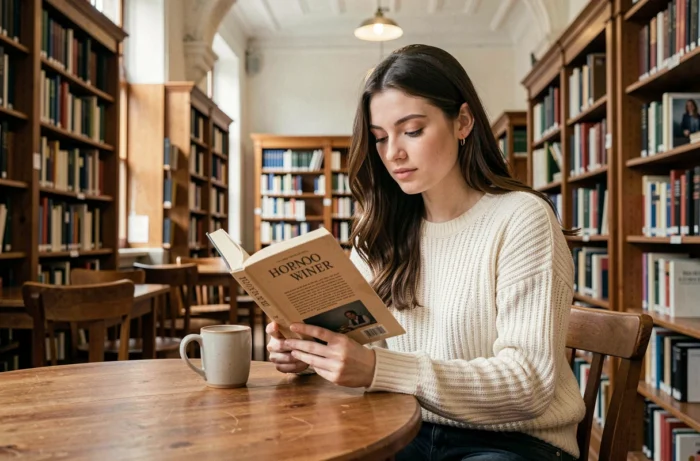 Jeune femme lisant un roman dans une bibliothèque publique avec des étagères de livres en bois en arrière-plan, loisir culturel et enrichissement personnel