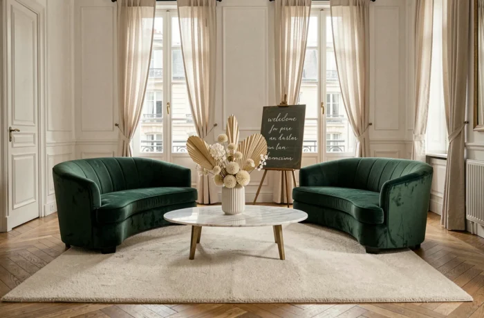 Espace lounge mariage chic en velours vert et marbre dans un appartement parisien haussmannien décoré pour 2024
