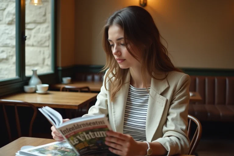 Jeune femme feuilletant le magazine Epershand dans un café bordelais aux murs en pierre