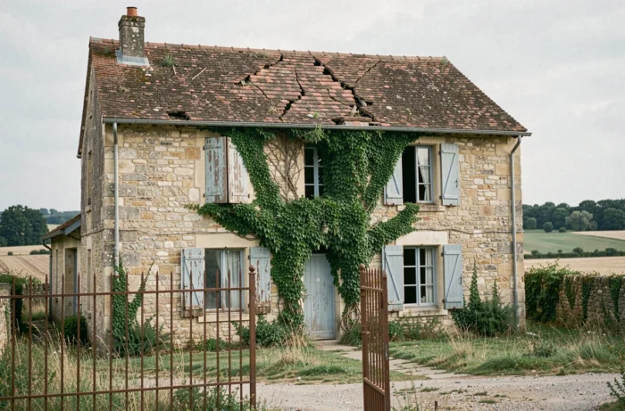 Maison de campagne abandonnée en pierre avec volets bleus délavés et végétation envahissante dans la campagne française