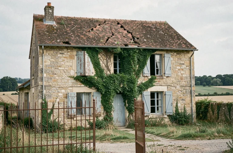 Maison de campagne abandonnée en pierre avec volets bleus délavés et végétation envahissante dans la campagne française