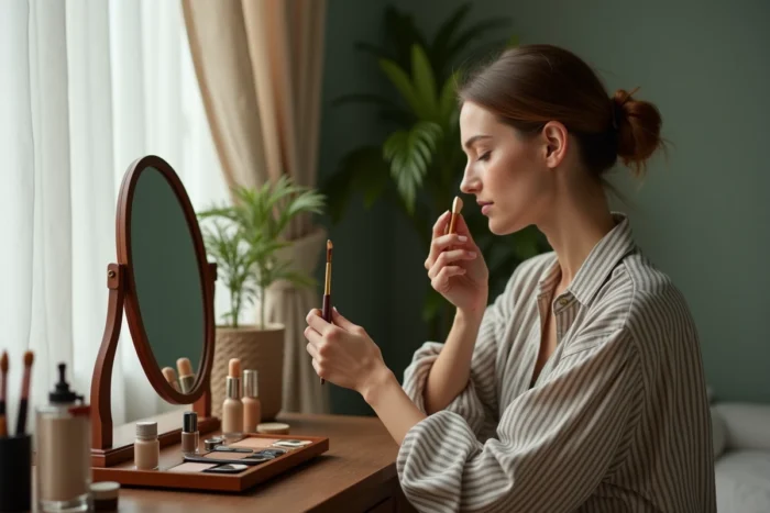 Jeune femme appliquant son fond de teint devant une coiffeuse en bois avec des produits de maquillage organisés
