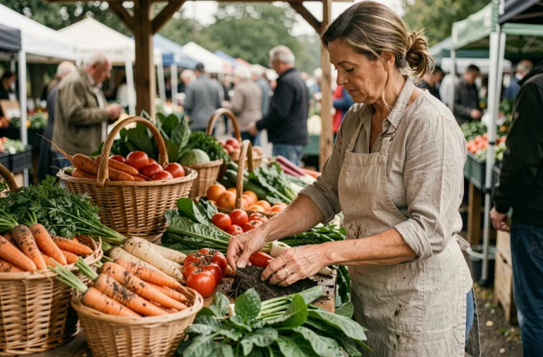Femme arrangeant des légumes frais sur un étal de marché fermier local en plein air