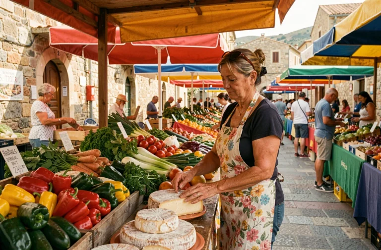 Marchande sarde proposant légumes frais et fromage pecorino au marché de Porto Torres en Sardaigne
