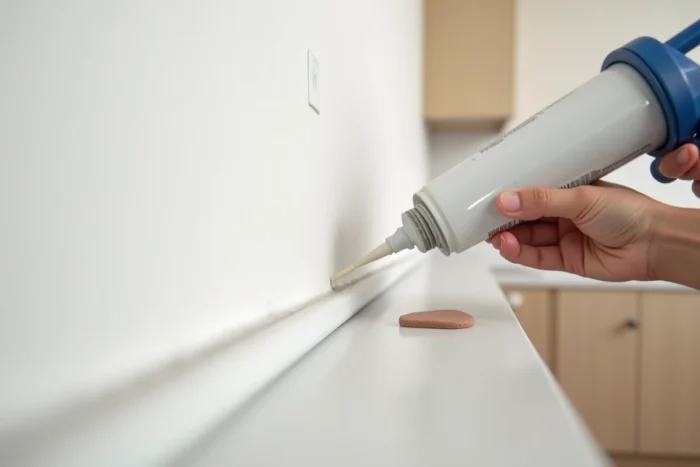 Application de mastic acrylique blanc dans le joint entre un mur peint et un plan de travail de cuisine