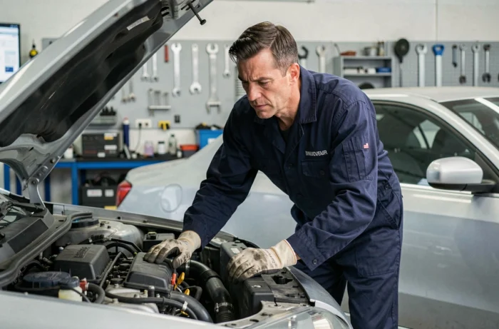 Mécanicien professionnel inspectant le moteur d'une berline argentée dans un garage automobile moderne