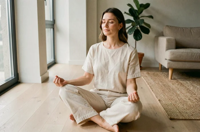 Femme en méditation dans un salon minimaliste scandinave pour améliorer son bien-être quotidien
