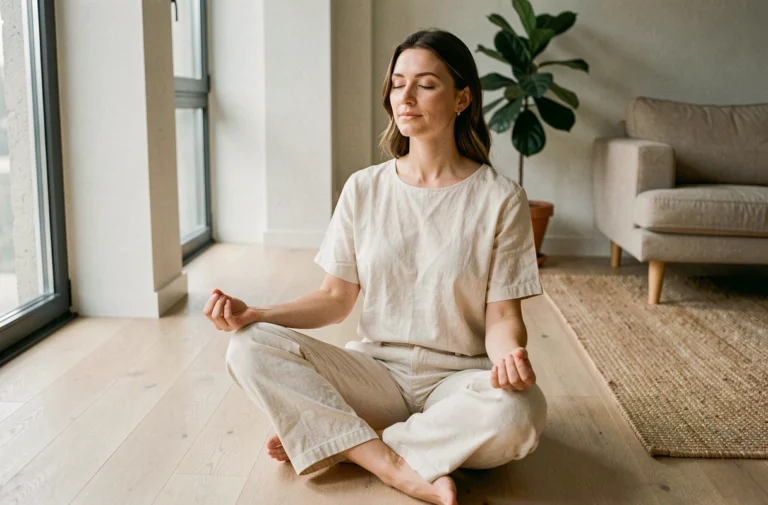 Femme en méditation dans un salon minimaliste scandinave pour améliorer son bien-être quotidien