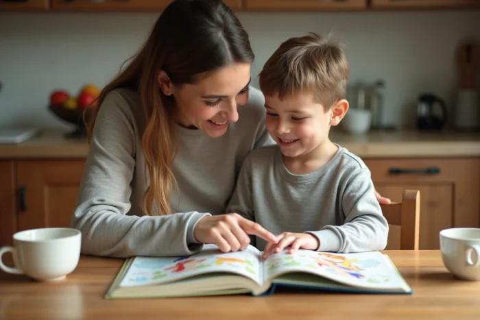 Mother and child discovering together an illustrated book of cartoon characters starting with O at the kitchen table