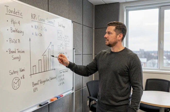 Business analyst presenting simple brand recognition indicators on a whiteboard with hand-drawn graphs