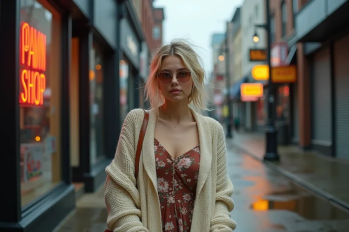 Jeune femme en cardigan vintage et robe fleurie style Kurt Cobain marchant sur un trottoir urbain pluvieux années 90