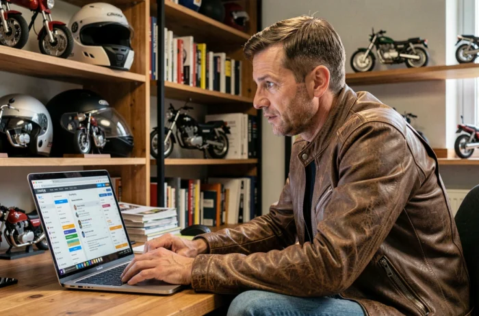 Motard passionné consultant un forum moto en ligne depuis son bureau à domicile entouré d'équipements et de casques