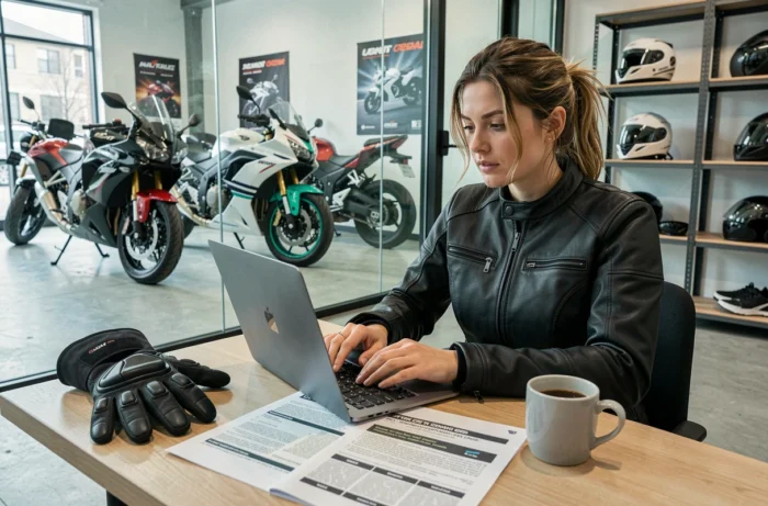 Motarde consultant des forums moto en ligne sur son ordinateur portable dans le salon d'un concessionnaire moto moderne