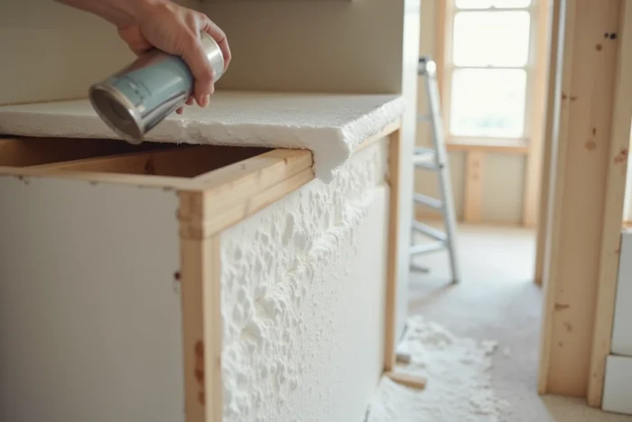 Application de mousse expansive dans un grand vide entre le mur et le plan de travail avant habillage de finition