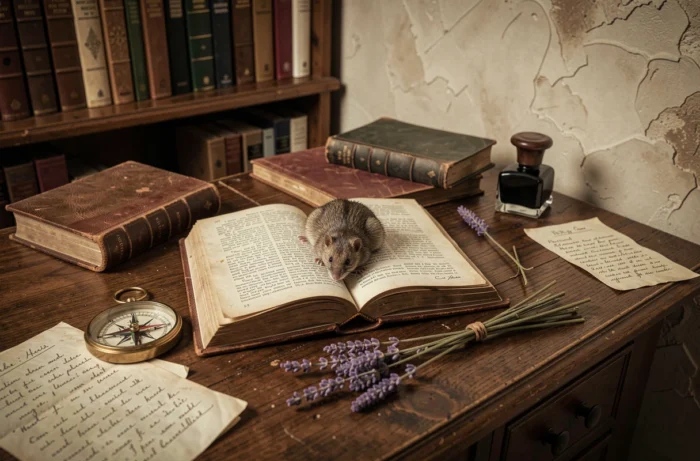 Musaraigne nichée dans un vieux livre ouvert sur un bureau en chêne, entourée d'objets symboliques, illustrant la signification spirituelle et ésotérique de cet animal dans la maison