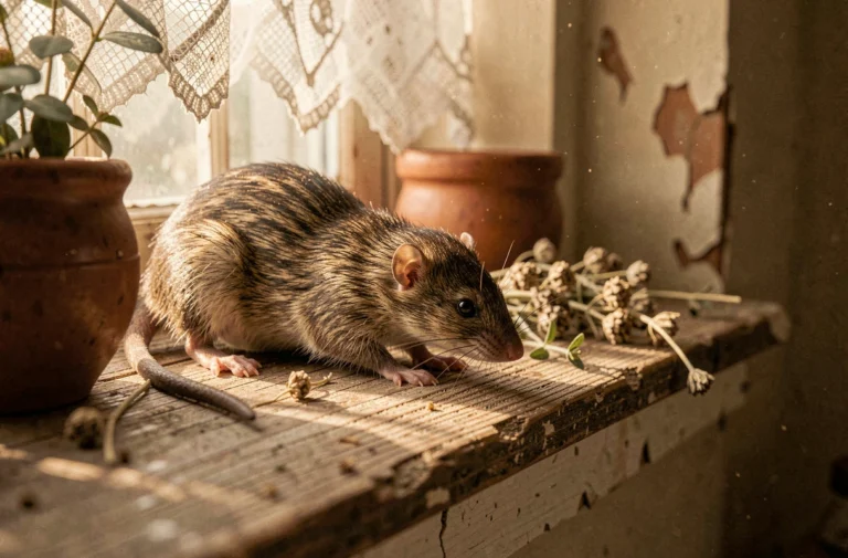 Musaraigne posée sur un rebord de fenêtre en bois rustique à l'intérieur d'une maison de campagne, symbole spirituel de présence animale inattendue
