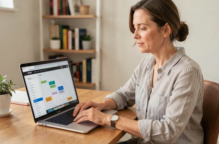 Femme naviguant sur un plan de site web structuré depuis un bureau à domicile moderne