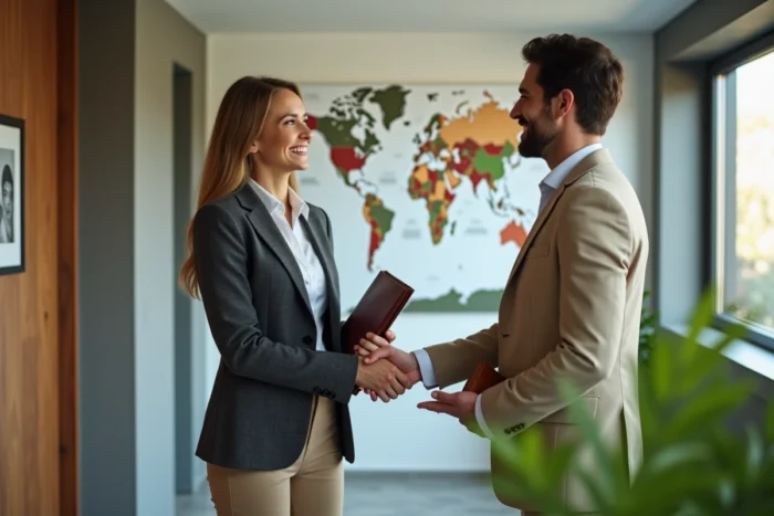 Professional in international education network shaking hands in a Swiss school hallway