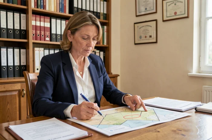 Notaire française examinant des documents cadastraux pour l'acquisition d'une maison abandonnée