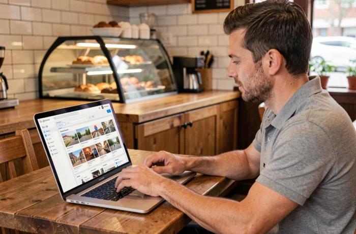 Small business owner updating their Google Business Profile on a laptop in a craft café