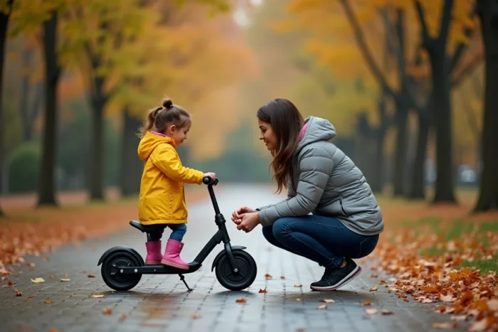 Parent et fillette en imperméable jaune observant une draisienne électrique dans un parc en automne