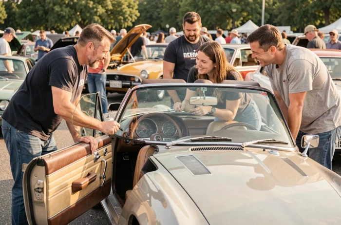 Passionnés d'automobiles admirant une voiture classique européenne des années 1970 lors d'un salon en plein air