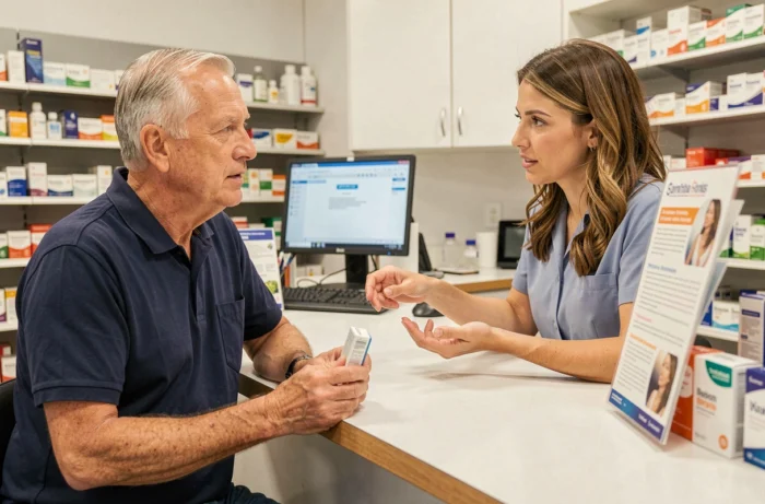 Un homme âgé discutant des risques potentiels d'un médicament auditif avec une pharmacienne, illustration des précautions liées à Audistim